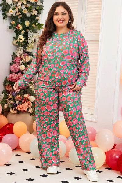 Plus Size Printed Round Neck Long Sleeve Top and Pants Set for a perfect OOTD – dress to impress outfits from Amexza