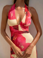 Floral Halter Neck Deep V Maxi Dress
