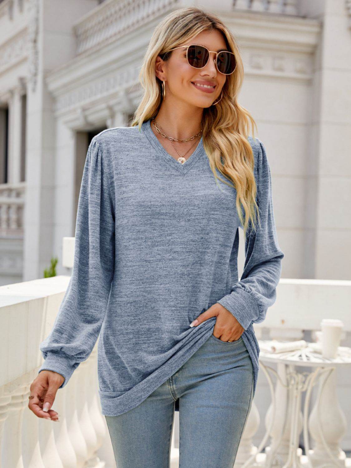 Heathered V-Neck Long Sleeve T-Shirt for a perfect OOTD – dress to impress outfits from Amexza