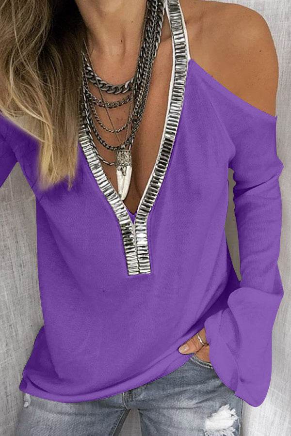 Sequin V-Neck Cold Shoulder Top Purple for a perfect OOTD – dress to impress outfits from Amexza