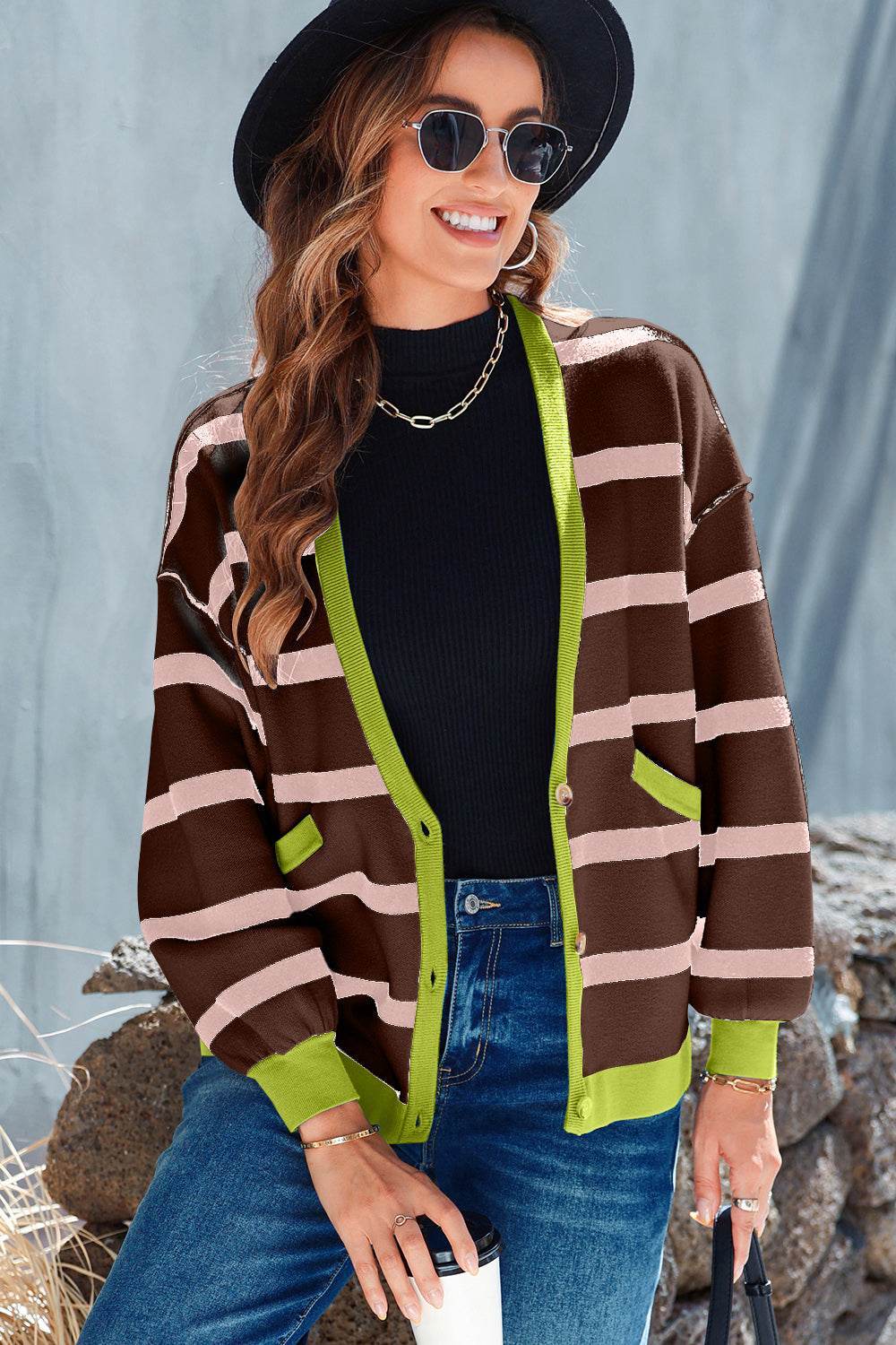 Striped Button Up Long Sleeve Cardigan Brown for a perfect OOTD – dress to impress outfits from Amexza