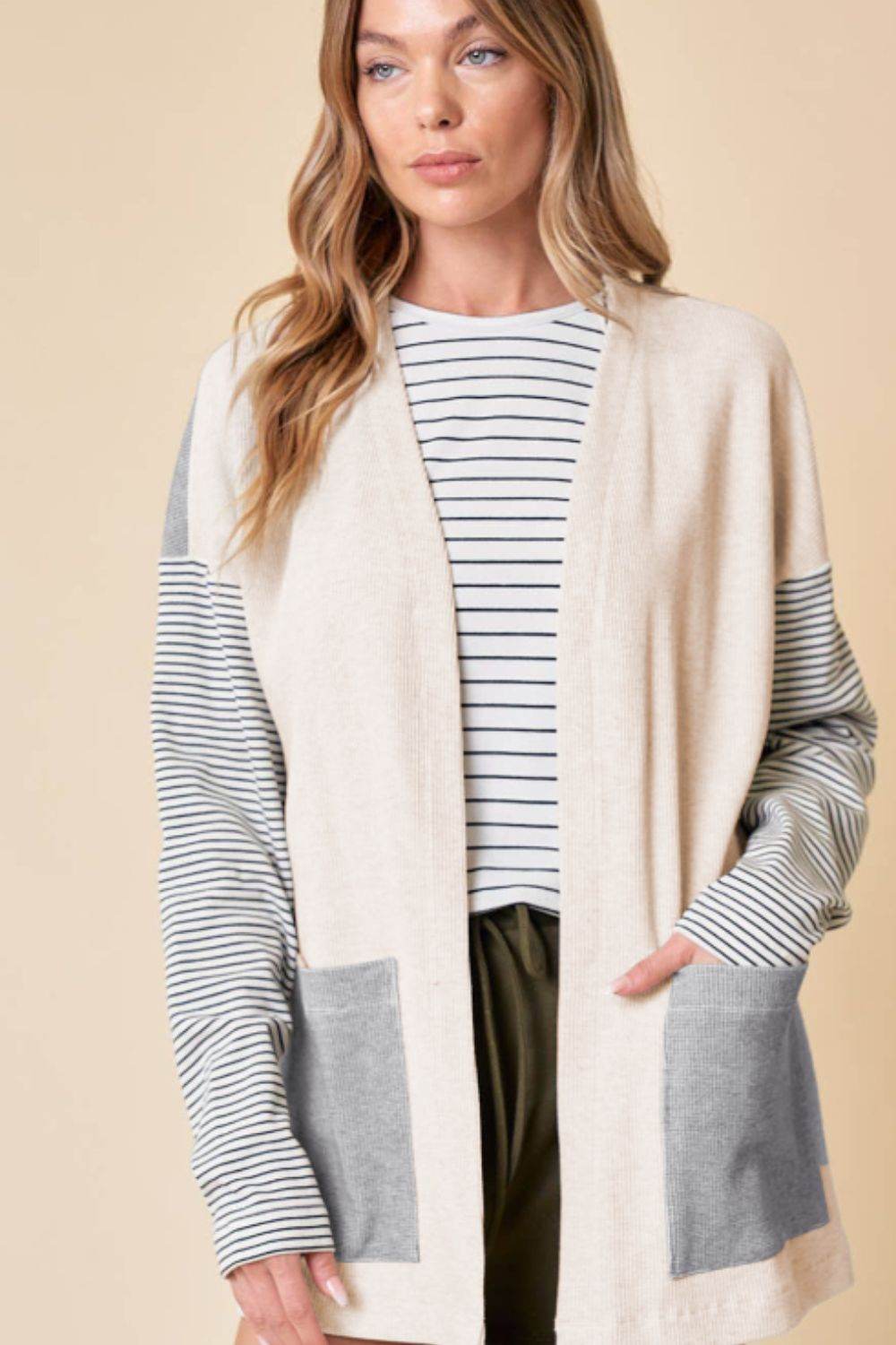 Open Front Long Sleeve Striped Cardigan with Pockets - Amexza