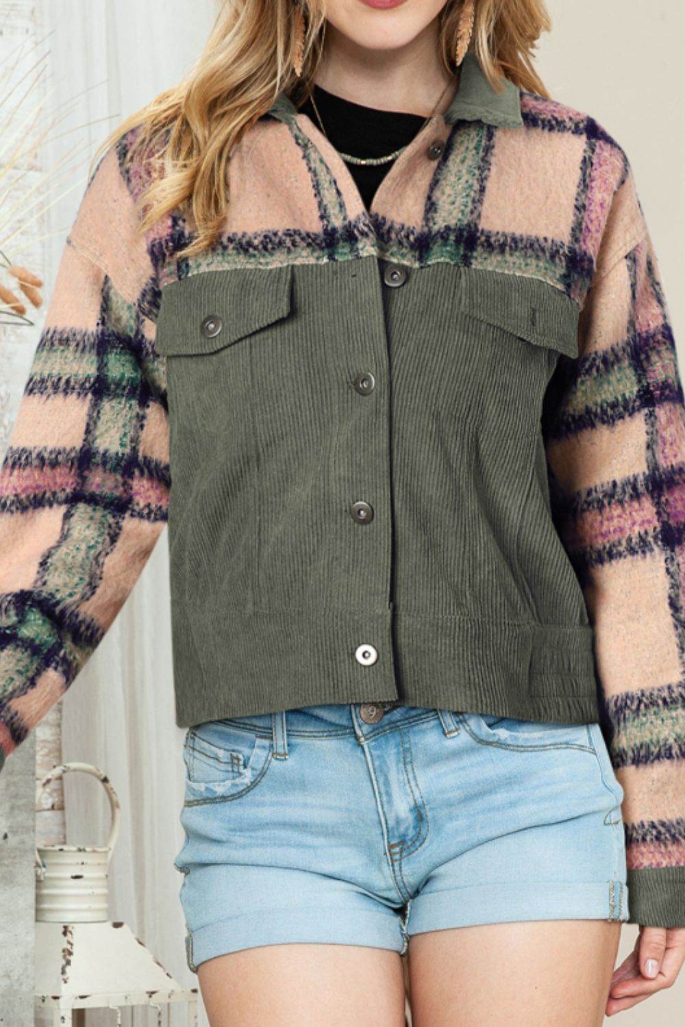 Plaid Corduroy Flap Pockets Button Up Jacket Sage for a perfect OOTD – dress to impress outfits from Amexza