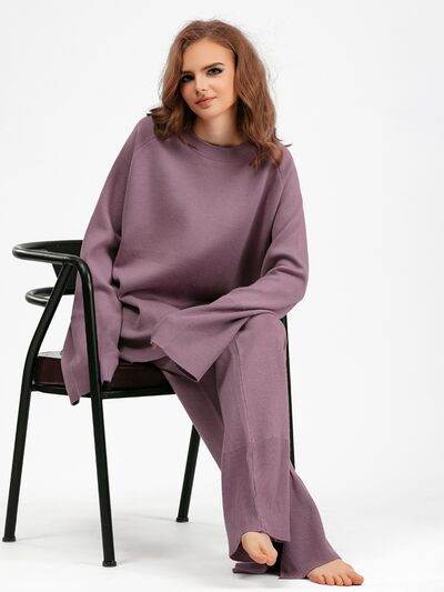 Basic Bae Slit Round Neck Long Sleeve Top and Drawstring Pants Sweater Set for a perfect OOTD – dress to impress outfits from Amexza