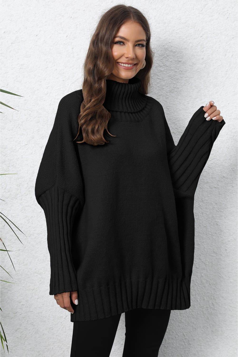 Turtle Neck Long Sleeve Ribbed Sweater - Amexza