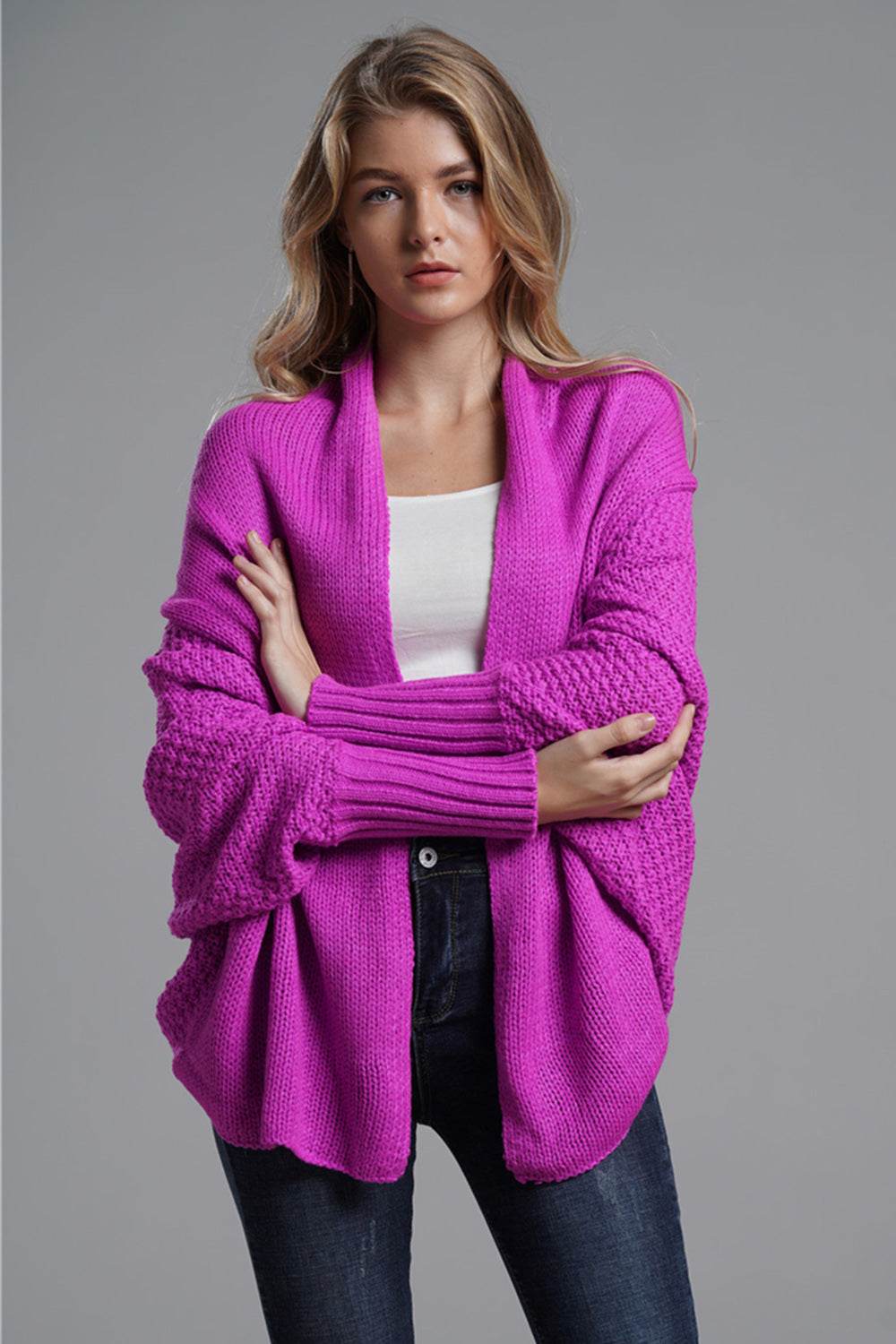 Open Front Batwing Sleeve Cardigan Vivid Violet One Size for a perfect OOTD – dress to impress outfits from Amexza