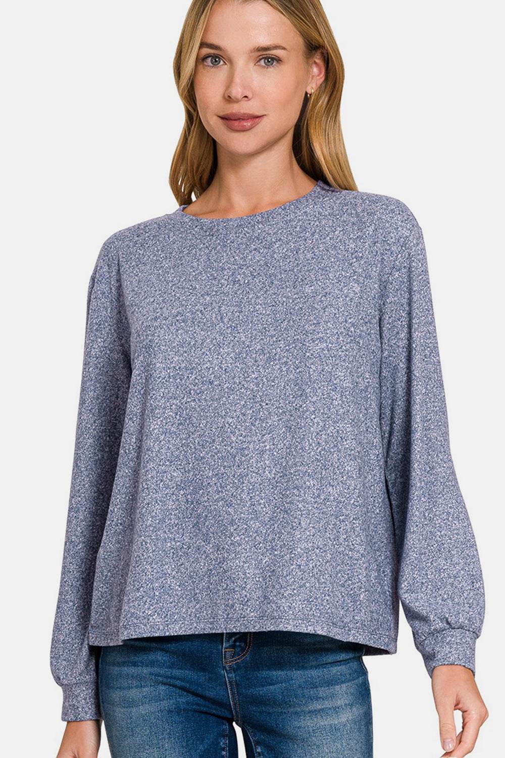 Zenana Hacci Round Neck Long Sleeve T-Shirt for a perfect OOTD – dress to impress outfits from Amexza