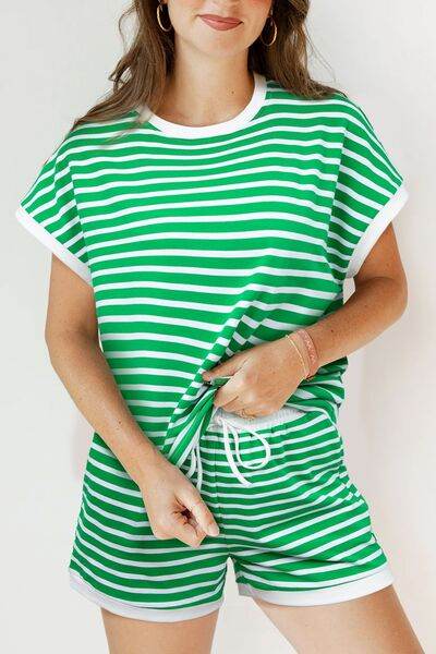 Striped Round Neck Short Sleeve Top and Shorts Set Green for a perfect OOTD – dress to impress outfits from Amexza