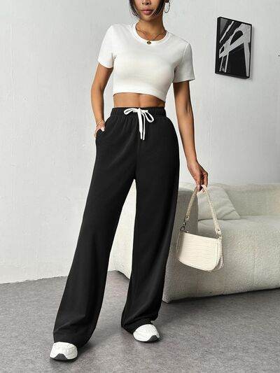 Drawstring Wide Leg Pants with Pockets Black for a perfect OOTD – dress to impress outfits from Amexza