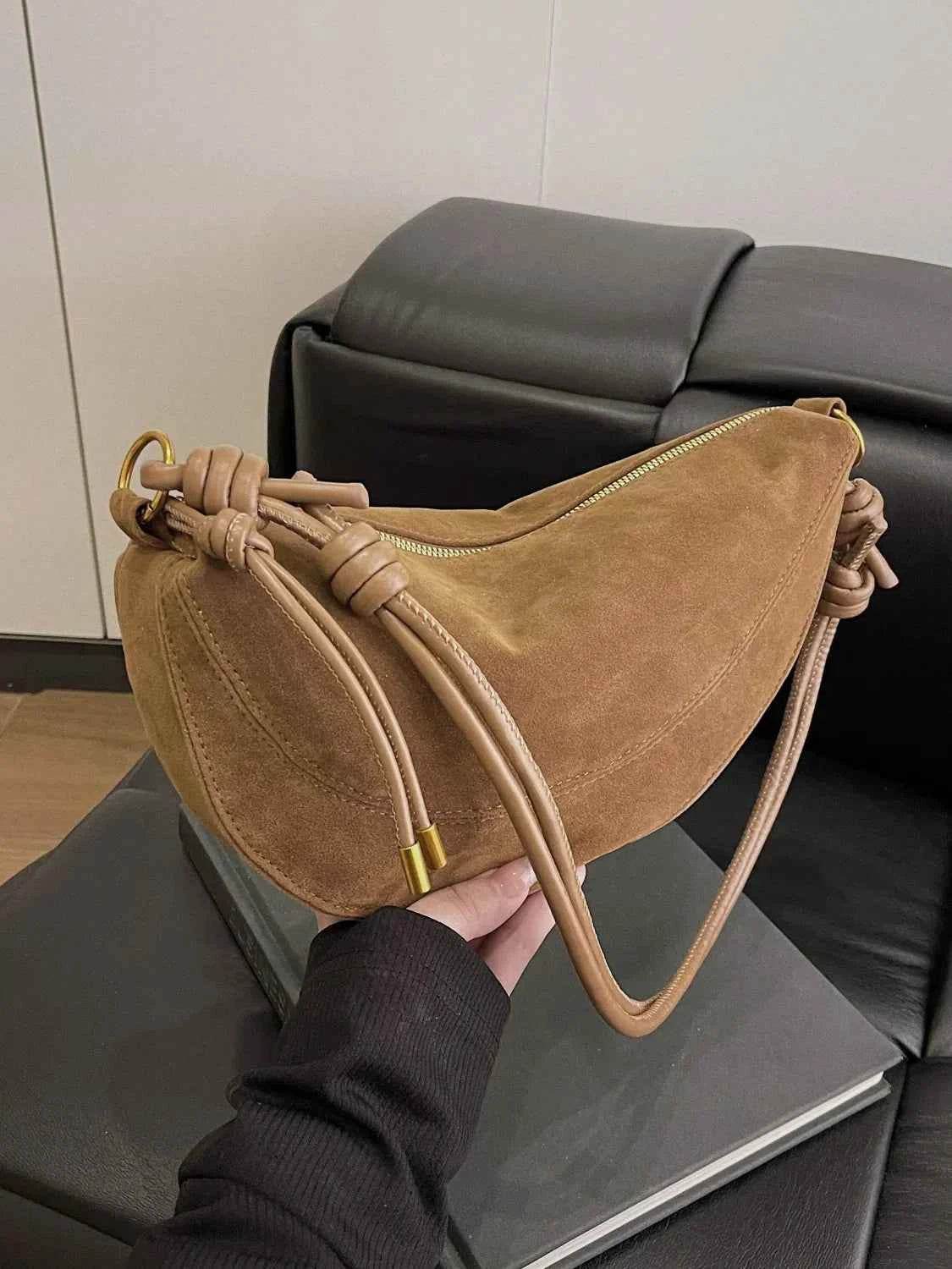 Knotted Strap Shoulder Bag Camel One Size for a perfect OOTD – dress to impress outfits from Amexza