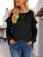 Round Neck Ruffled Cold-Shoulder Blouse - Amexza