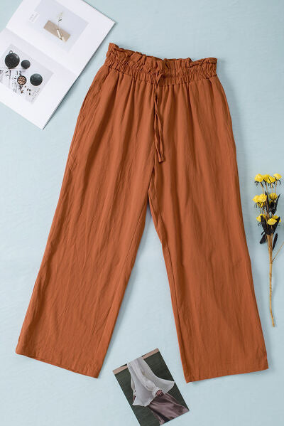 Drawstring Paperbag Waist Wide Leg Pants Caramel for a perfect OOTD – dress to impress outfits from Amexza