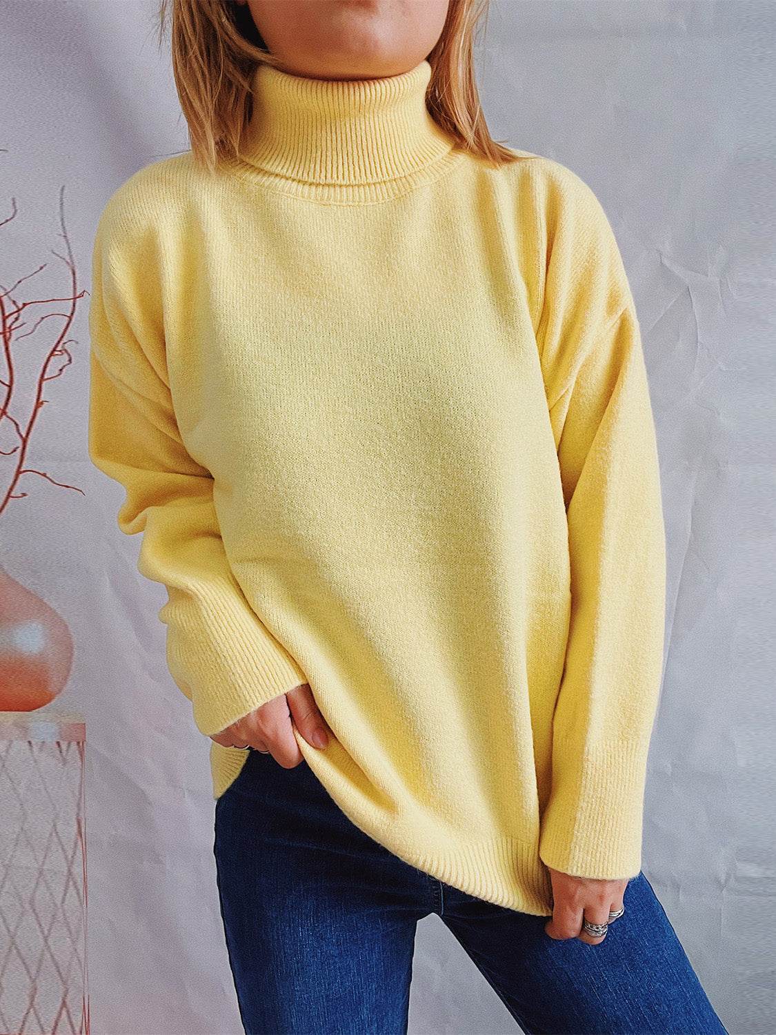 Turtleneck Long Sleeve Sweater True Yellow One Size for a perfect OOTD – dress to impress outfits from Amexza