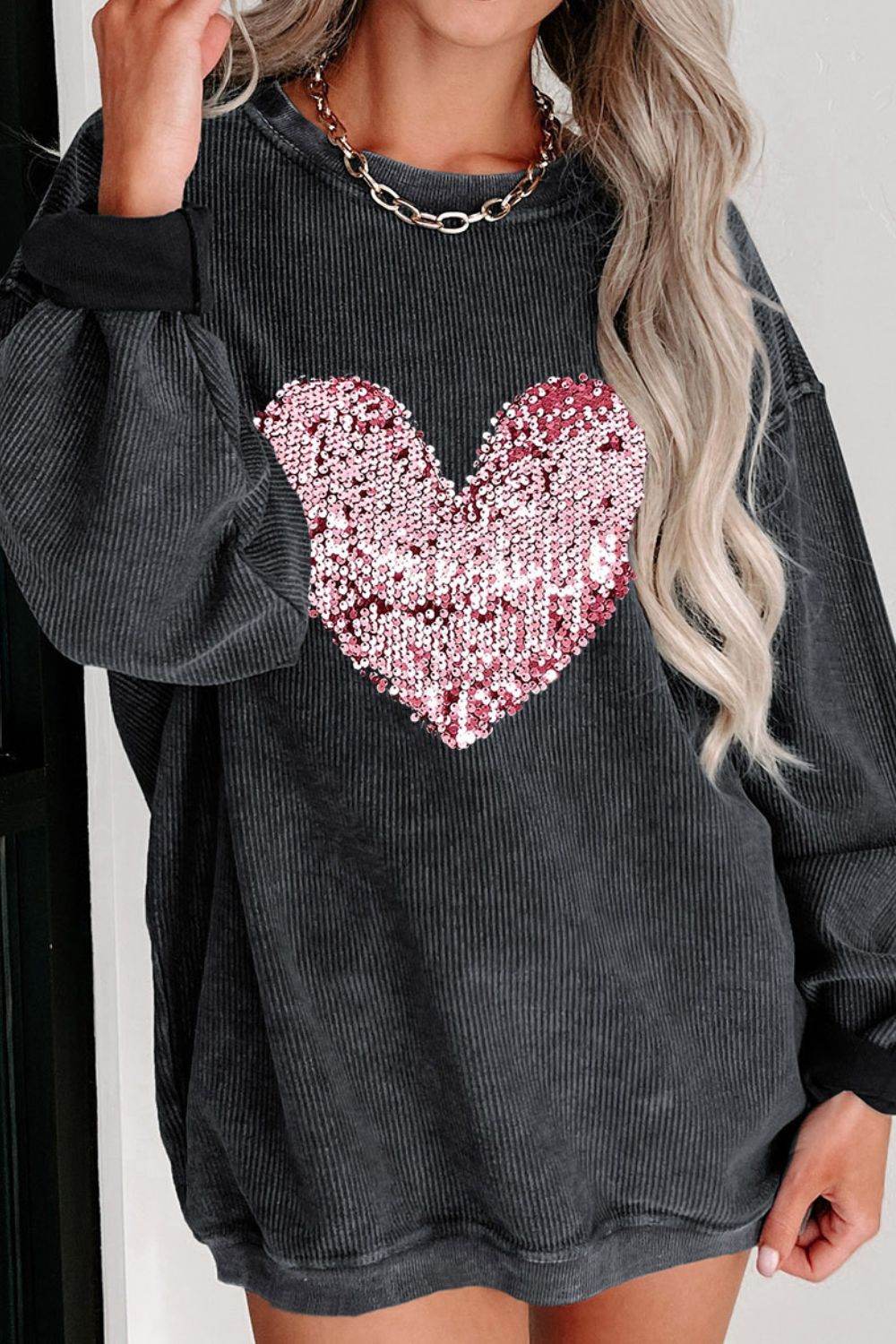 Valentine’s Day Sequin Heart Round Neck Long Sleeve Sweatshirt for a perfect OOTD – dress to impress outfits from Amexza