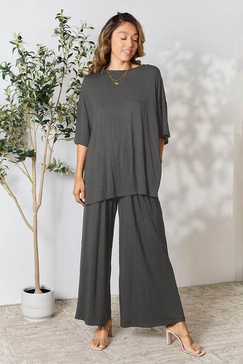 Double Take Full Size Round Neck Slit Top and Pants Set Dark Gray for a perfect OOTD – dress to impress outfits from Amexza