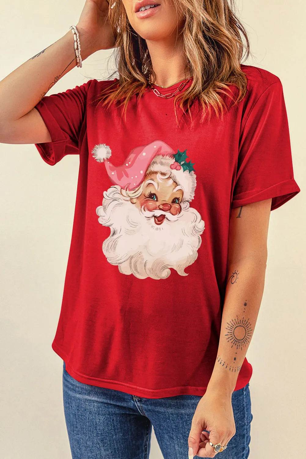 Santa Round Neck Short Sleeve T-Shirt for a perfect OOTD – dress to impress outfits from Amexza