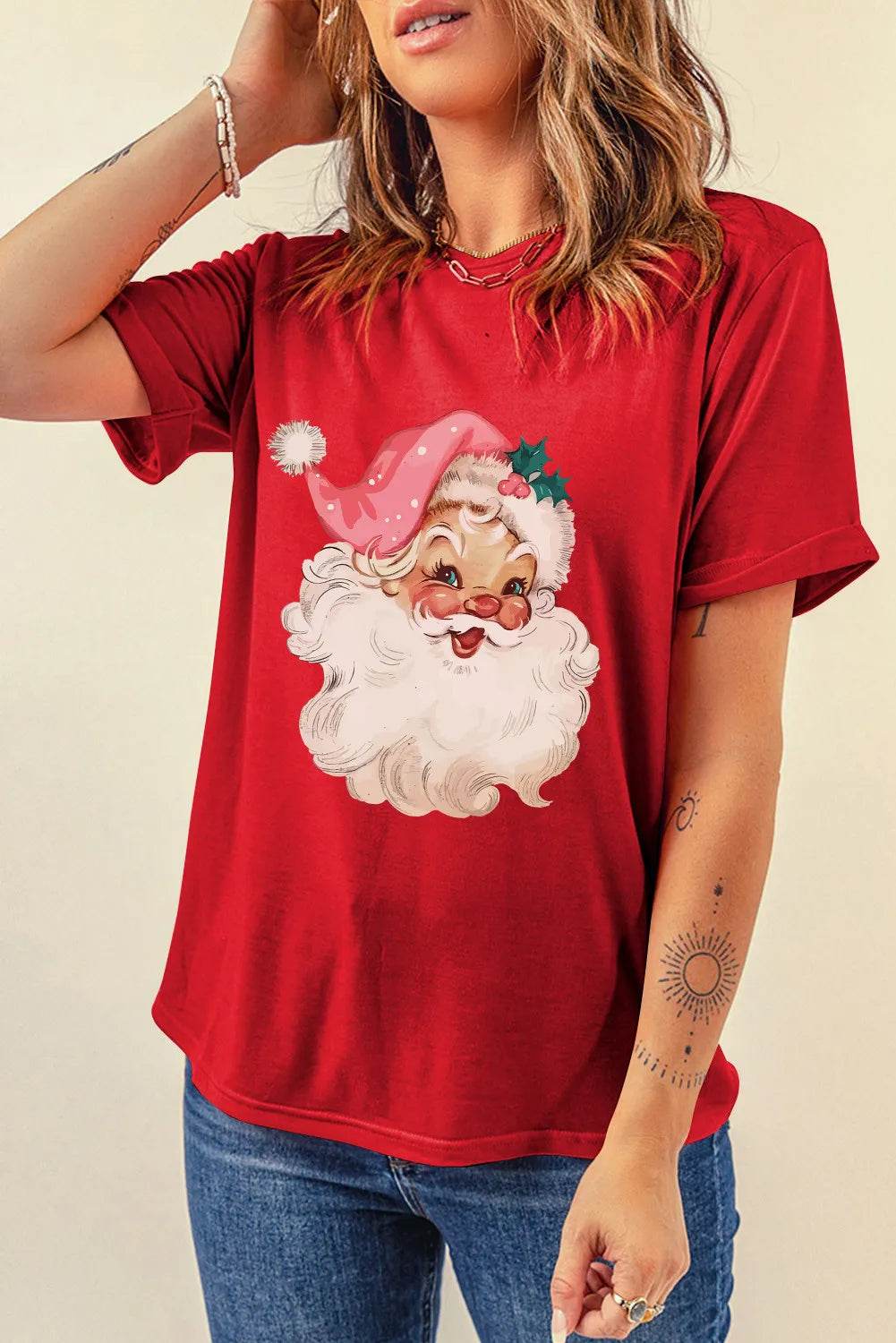 Santa Round Neck Short Sleeve T-Shirt - Amexza