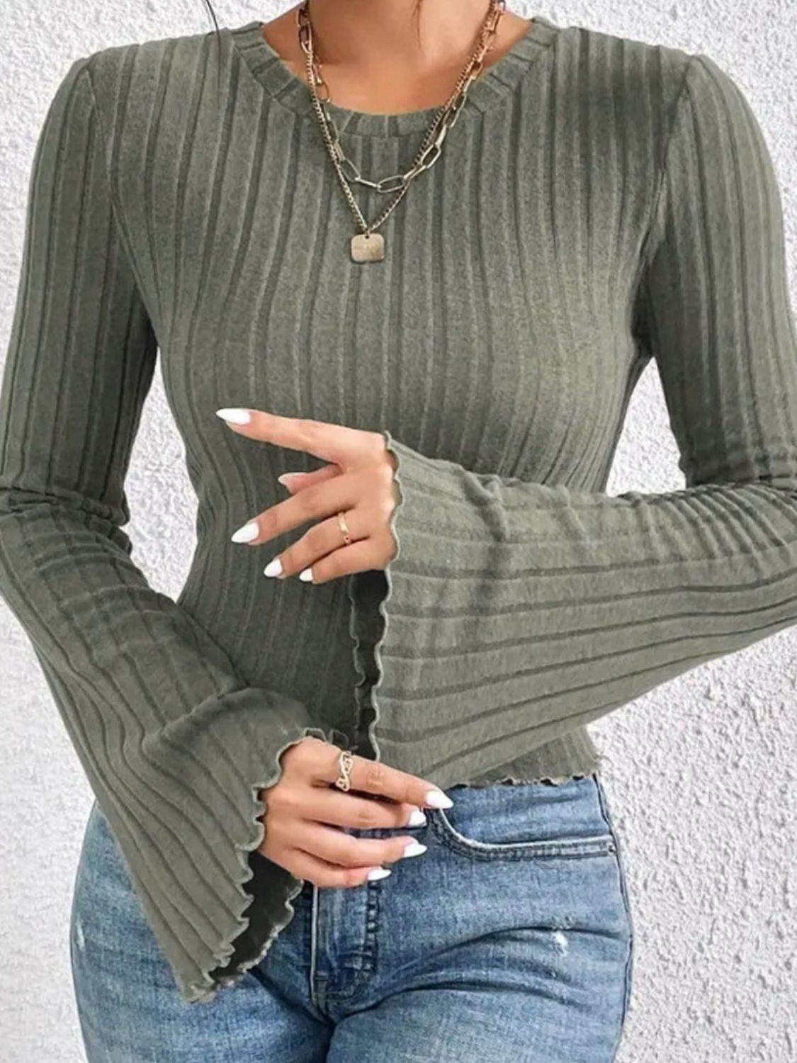 Ribbed Round Neck Flare Sleeve T-Shirt for a perfect OOTD – dress to impress outfits from Amexza