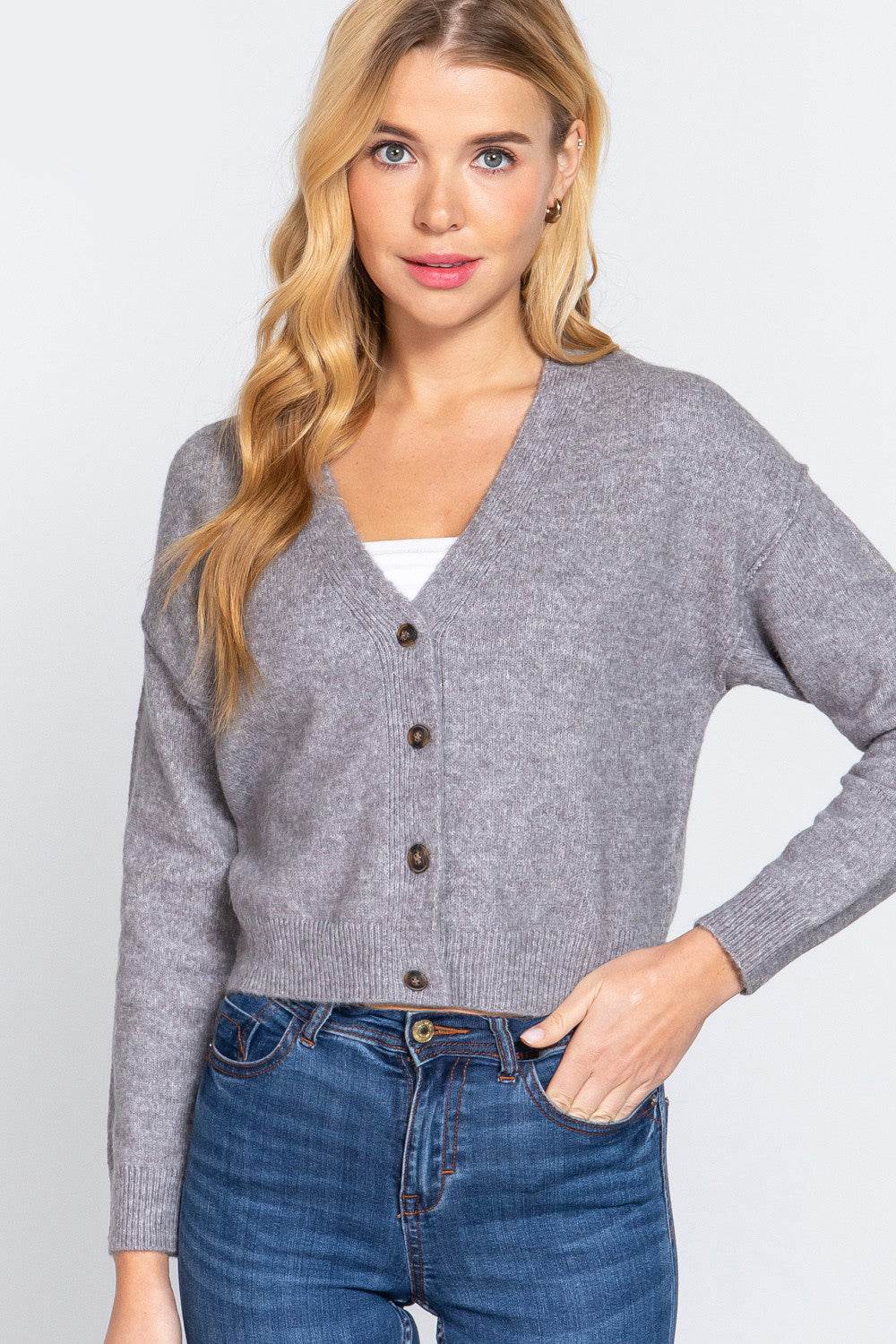 ACTIVE BASIC V-Neck Button Up Long Sleeve Knit Cardigan Grey for a perfect OOTD – dress to impress outfits from Amexza