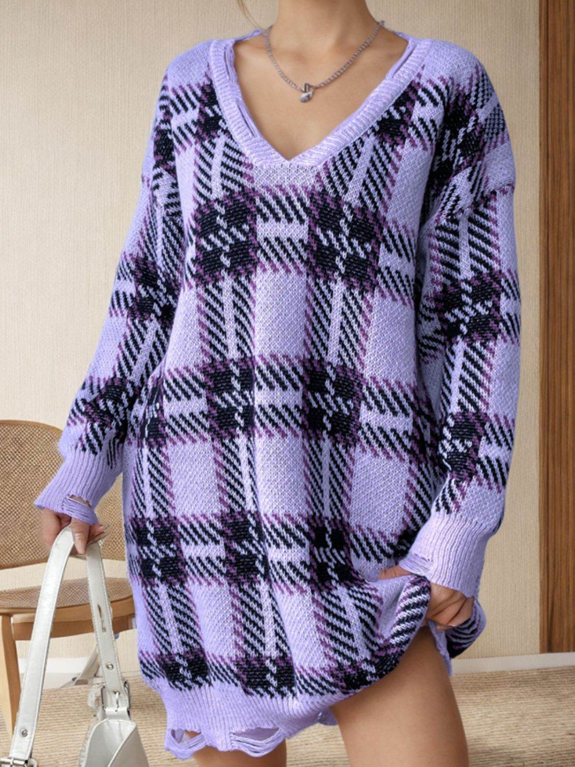 Distressed Plaid V-Neck Long Sleeve Sweater Dress Pink Purple One Size for a perfect OOTD – dress to impress outfits from Amexza