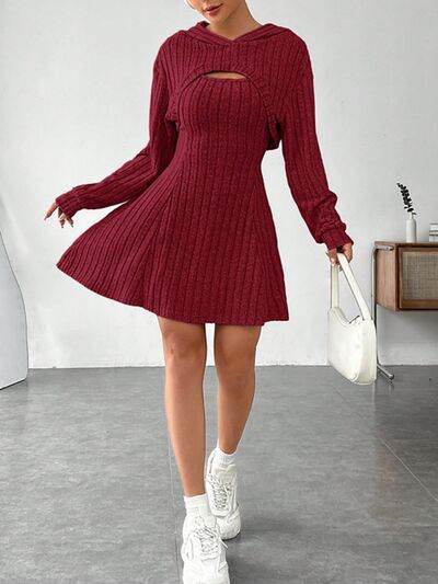 Wide Strap Dress and Long Sleeve Hooded Top Set - Amexza