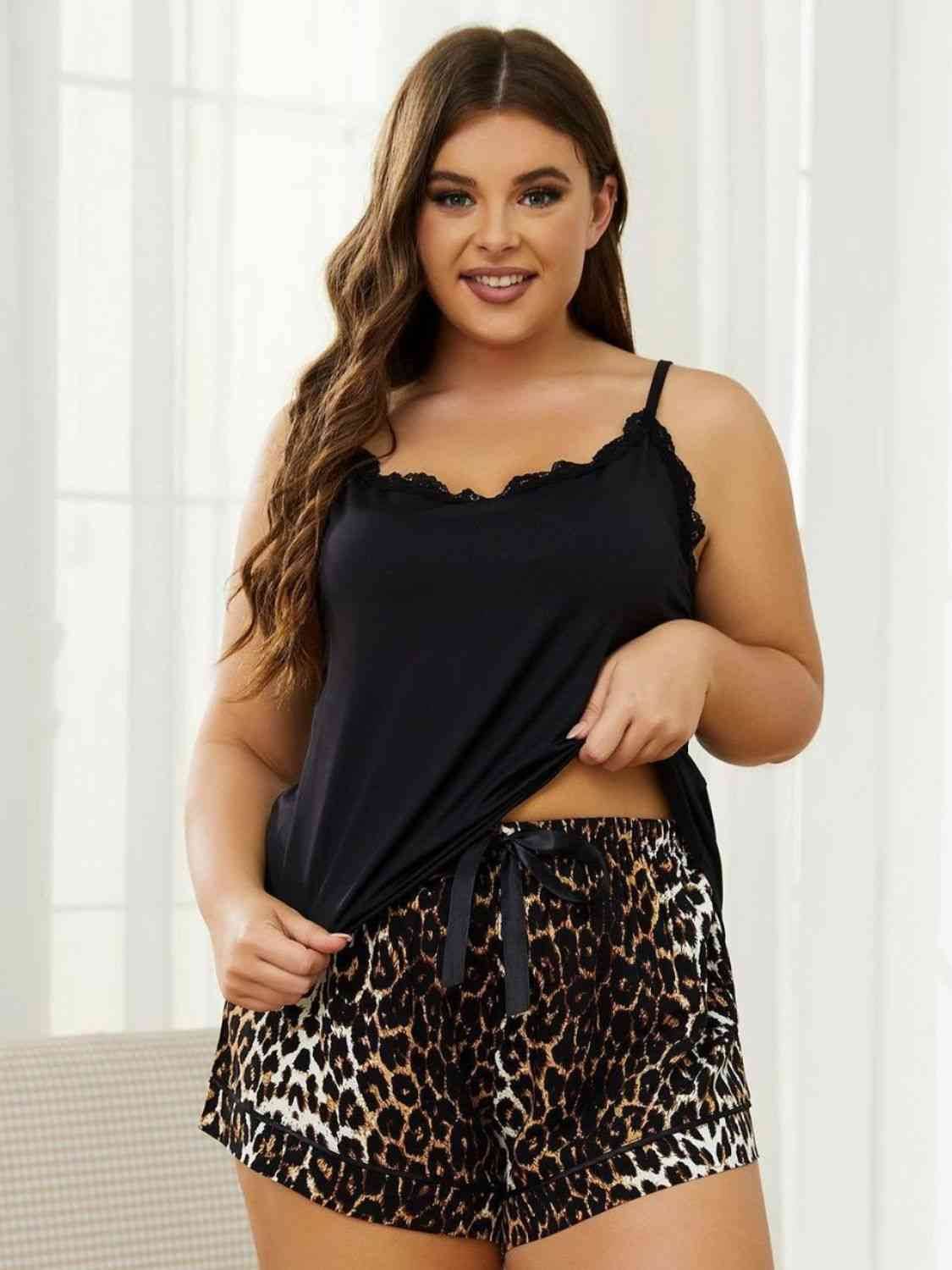 Plus Size Lace Trim Scoop Neck Cami and Printed Shorts Pajama Set Black for a perfect OOTD – dress to impress outfits from Amexza