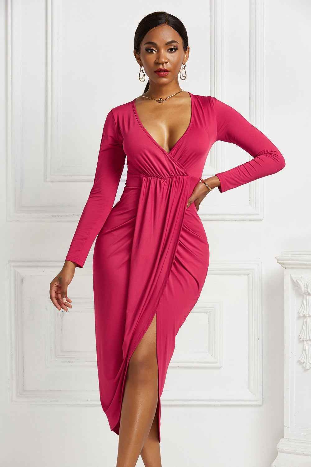 High-low Ruched Surplice Long Sleeve Dress for a perfect OOTD – dress to impress outfits from Amexza