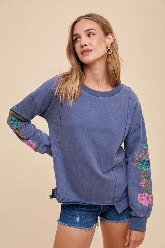 Annie Wear Embroidered Long Sleeve French Terry Top for a perfect OOTD – dress to impress outfits from Amexza