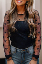 Bow Round Neck Sheer Top - Amexza