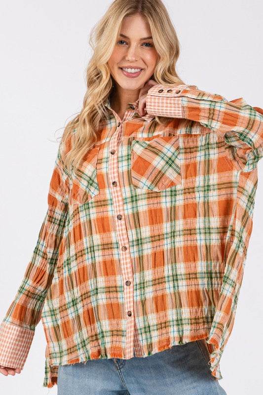 SAGE + FIG Side Slit Plaid Button Down Long Sleeve Shirt for a perfect OOTD – dress to impress outfits from Amexza