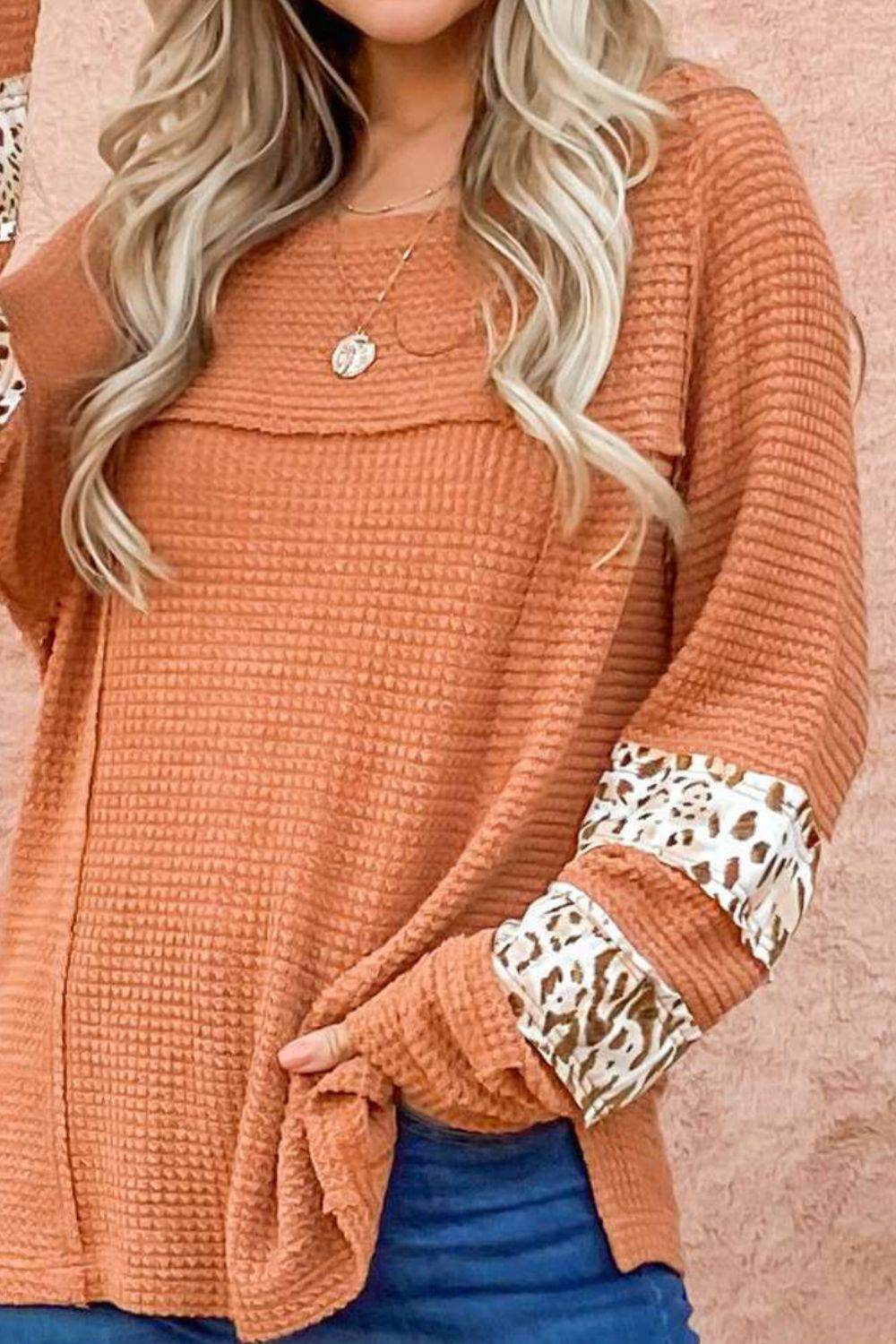 Waffle-Knit Leopard Long Sleeve Slit Blouse for a perfect OOTD – dress to impress outfits from Amexza