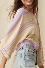 Contrast Striped Round Neck Three-Quarter Sleeve Top - Amexza