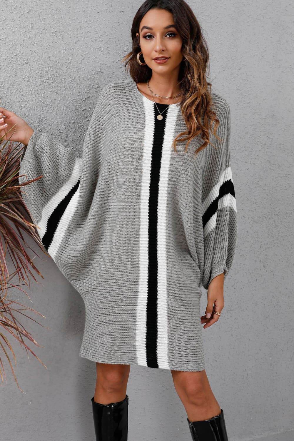 Ribbed Round Neck Long Sleeve Sweater Dress Light Gray for a perfect OOTD – dress to impress outfits from Amexza