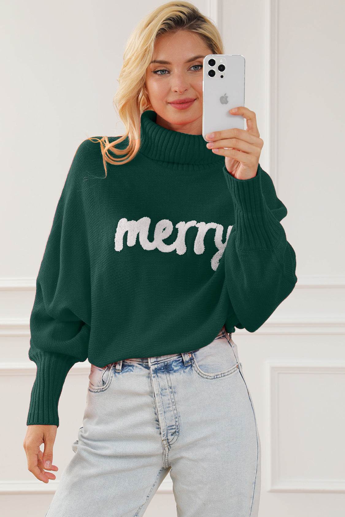 Merry Letter Embroidered High Neck Sweater - Amexza