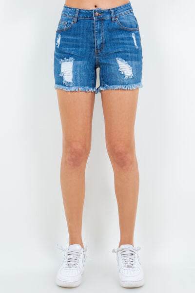 American Bazi High Waist Distressed Frayed Denim Shorts Blue for a perfect OOTD – dress to impress outfits from Amexza