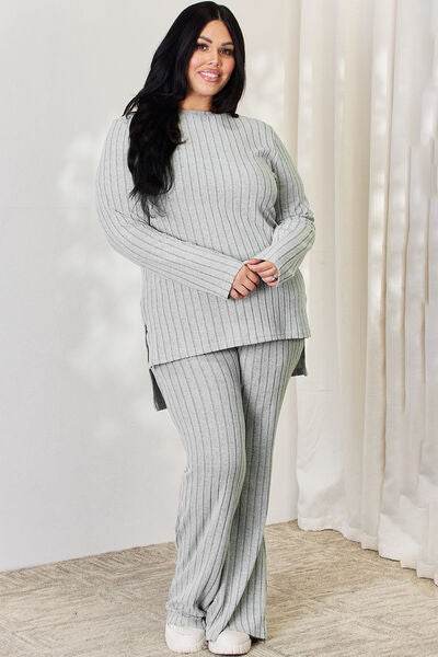 Basic Bae Full Size Ribbed High-Low Top and Wide Leg Pants Set for a perfect OOTD – dress to impress outfits from Amexza