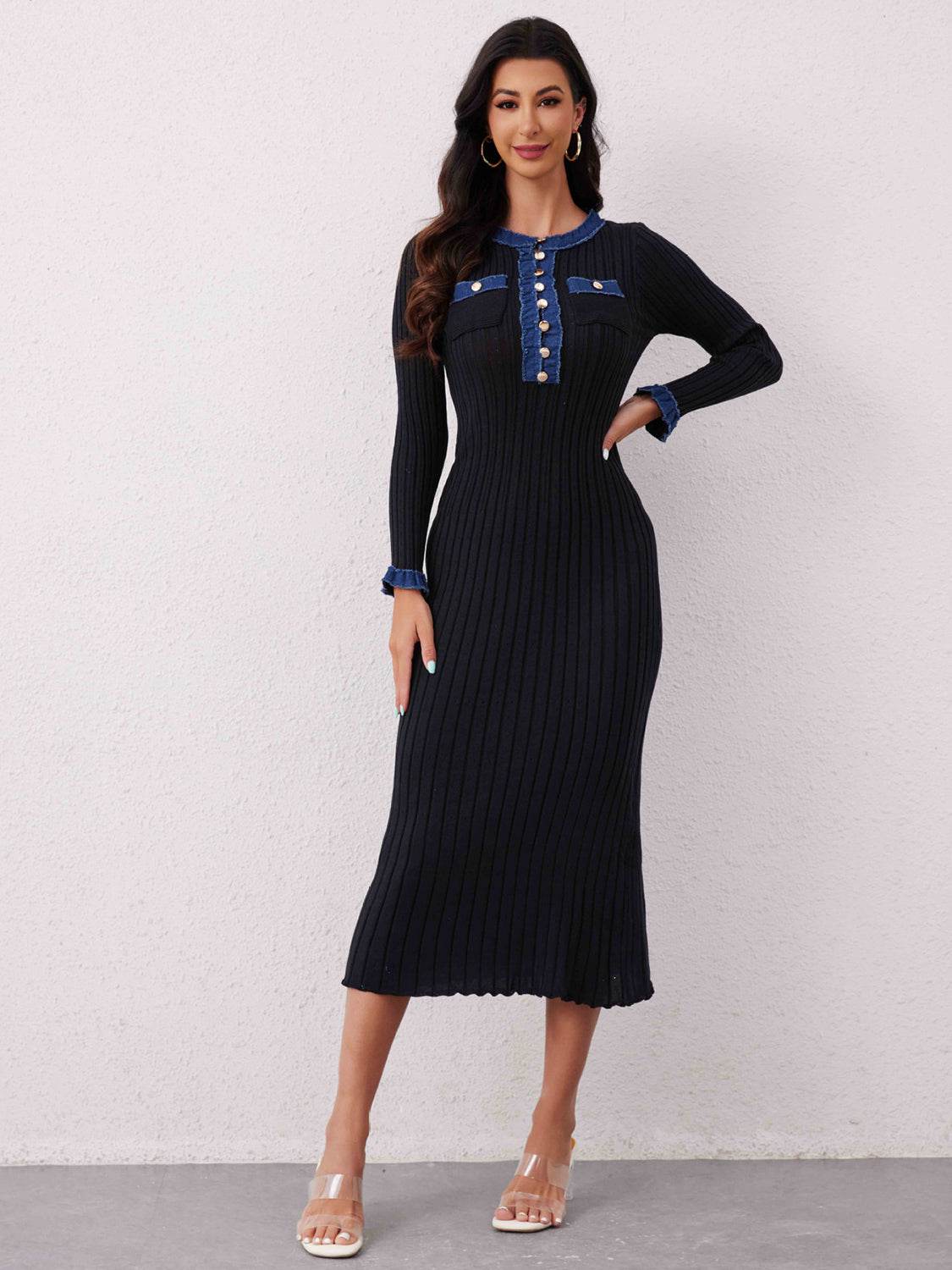 Contrast Trim Round Neck Long Sleeve Sweater Dress for a perfect OOTD – dress to impress outfits from Amexza