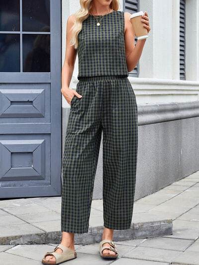 Lovelet Plaid Round Neck Sleeveless Top and Pants Set - Amexza