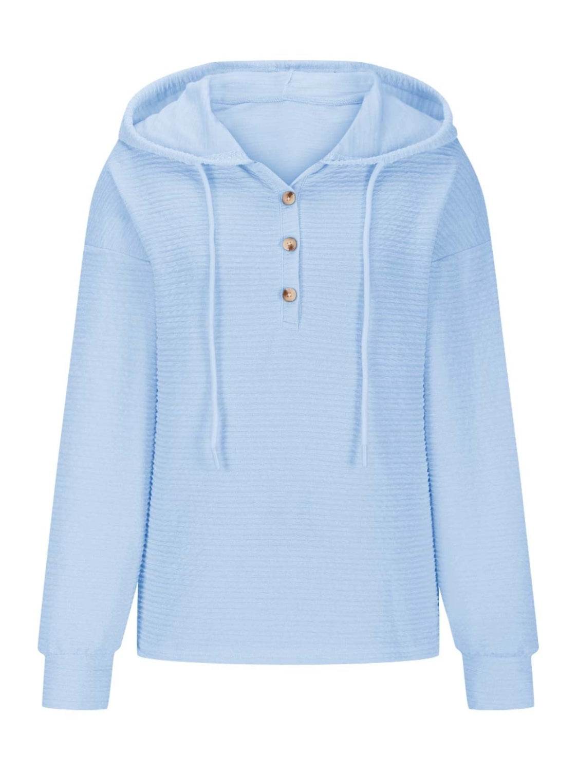 Drawstring Quarter Button Long Sleeve Hoodie for a perfect OOTD – dress to impress outfits from Amexza