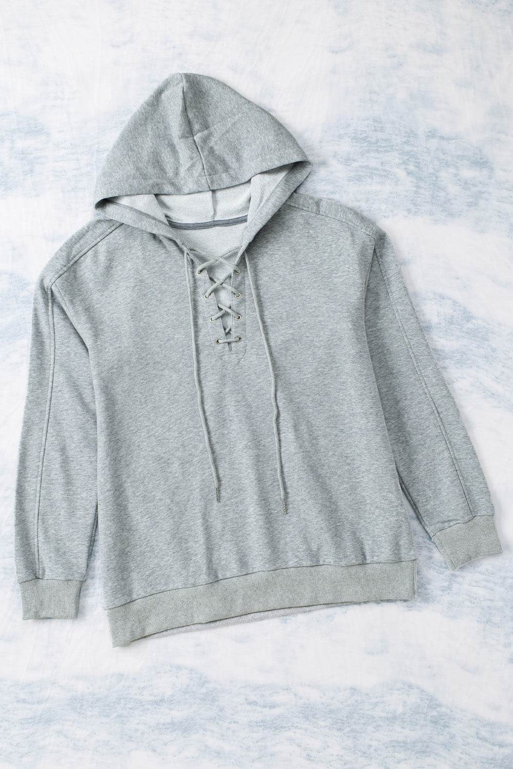 Lace Up Long Sleeve Hoodie - Amexza