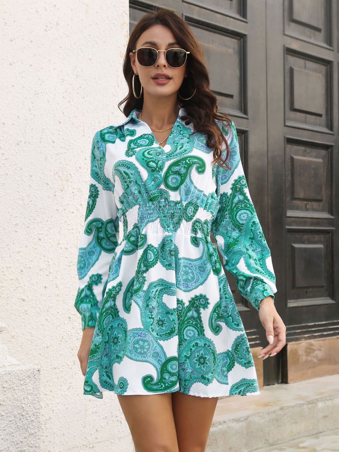 Paisley Print Johnny Collar Smocked Dress - Teal / S