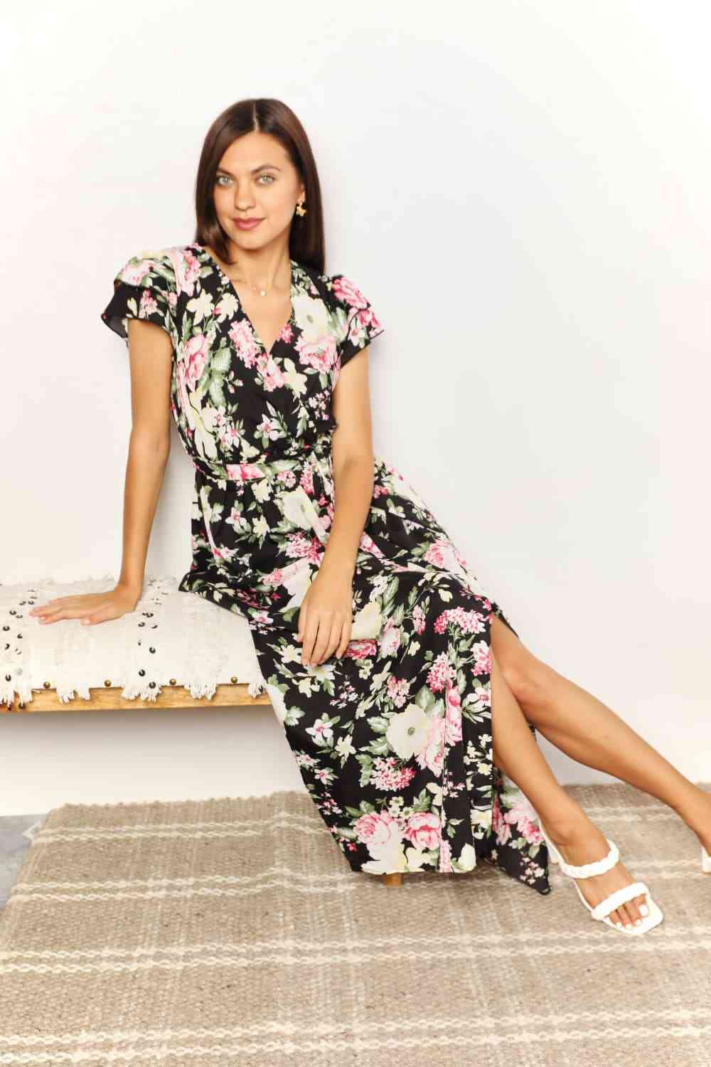 Perfee Floral Flutter Sleeve Tie-Waist Split Dress for a perfect OOTD – dress to impress outfits from Amexza