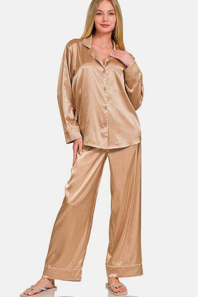 Zenana Satin Long Sleeve Shirt and Pants Pajama Set Brush for a perfect OOTD – dress to impress outfits from Amexza