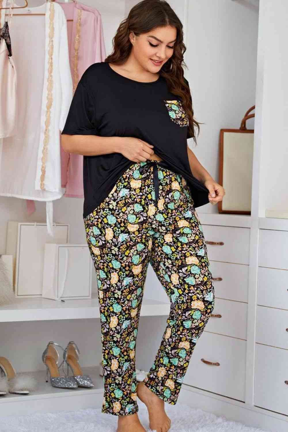 Plus Size Contrast Round Neck Tee and Floral Pants Lounge Set for a perfect OOTD – dress to impress outfits from Amexza