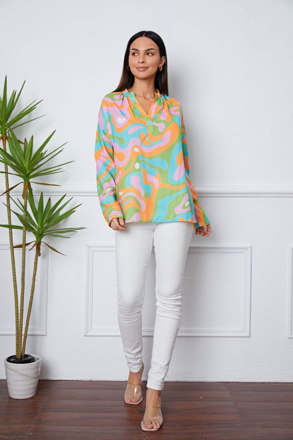 Printed Notched Long Sleeve Blouse for a perfect OOTD – dress to impress outfits from Amexza