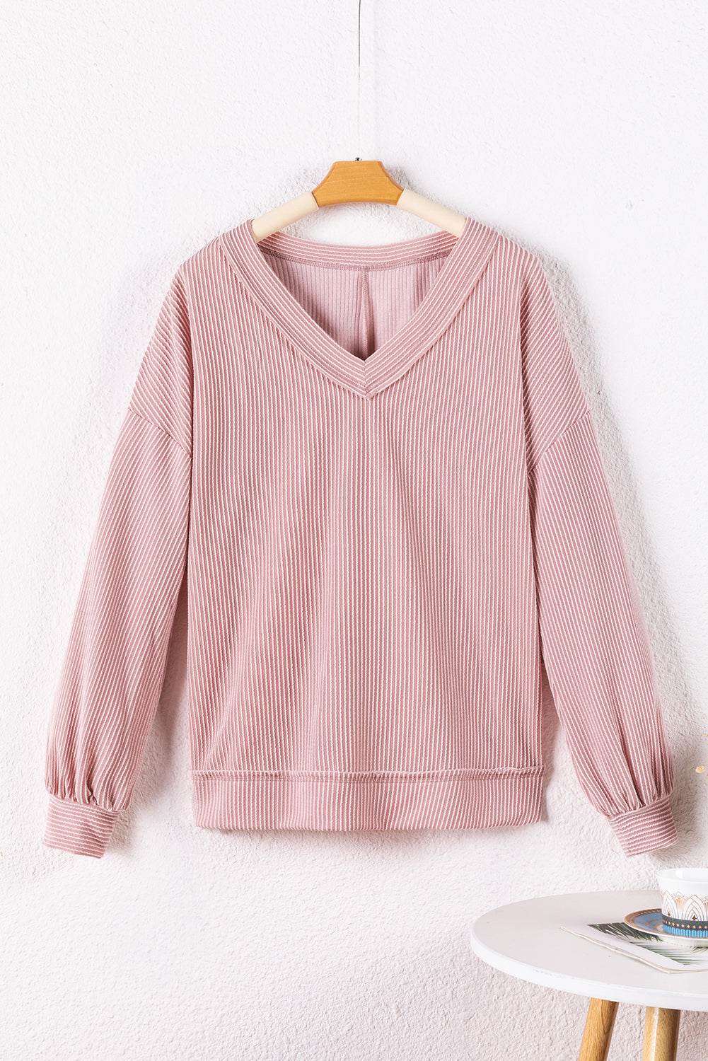 Texture V-Neck Long Sleeve Sweatshirt for a perfect OOTD – dress to impress outfits from Amexza