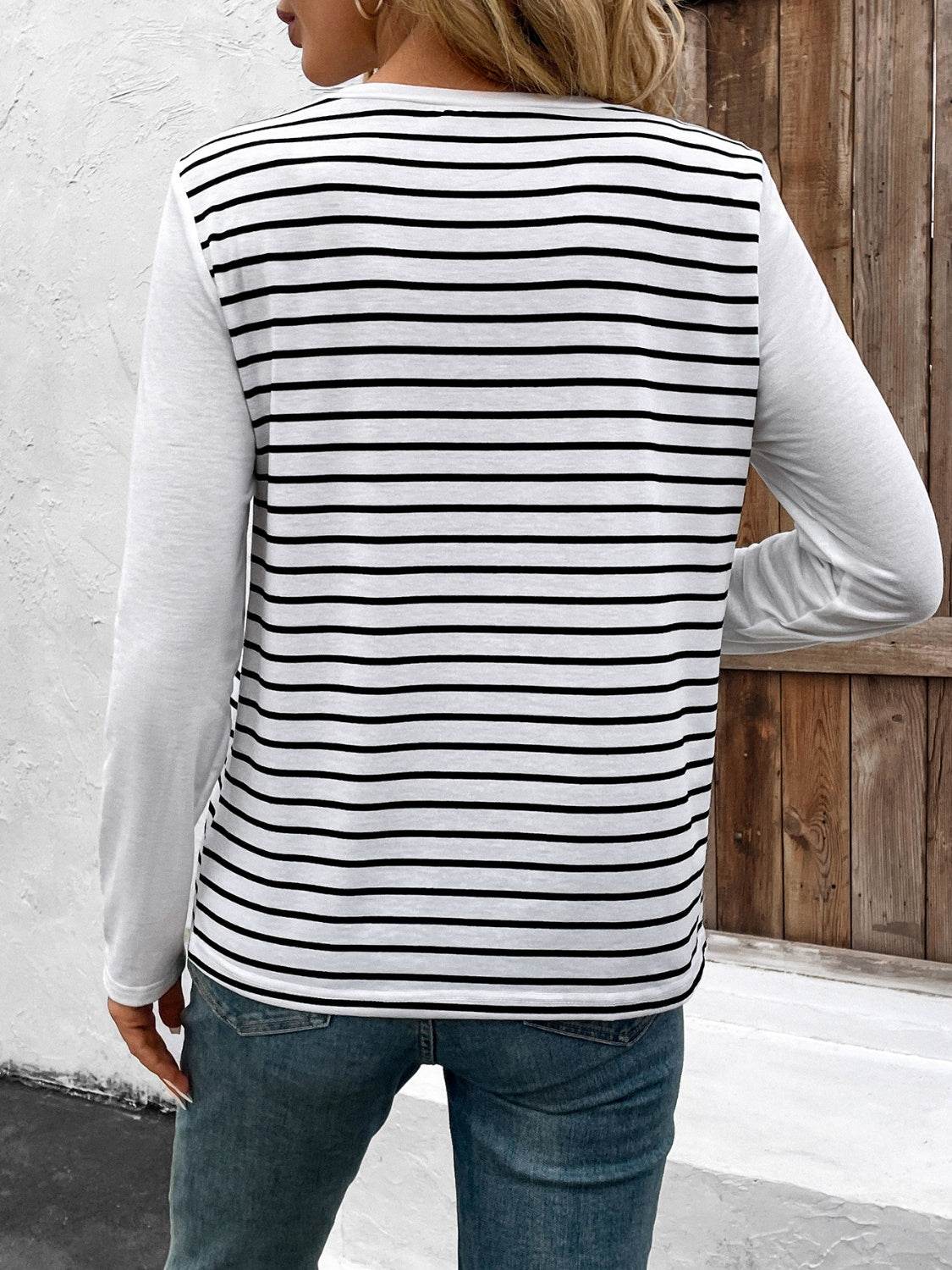 Decorative Button Striped Round Neck Long Sleeve T-Shirt for a perfect OOTD – dress to impress outfits from Amexza