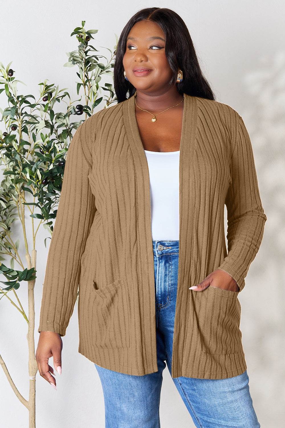 Basic Bae Full Size Ribbed Open Front Cardigan with Pockets Khaki for a perfect OOTD – dress to impress outfits from Amexza