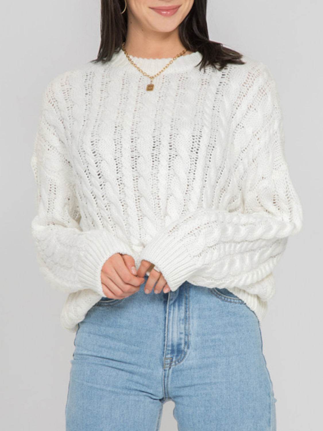 Openwork Round Sleeve Cable-Knit Sweater for a perfect OOTD – dress to impress outfits from Amexza