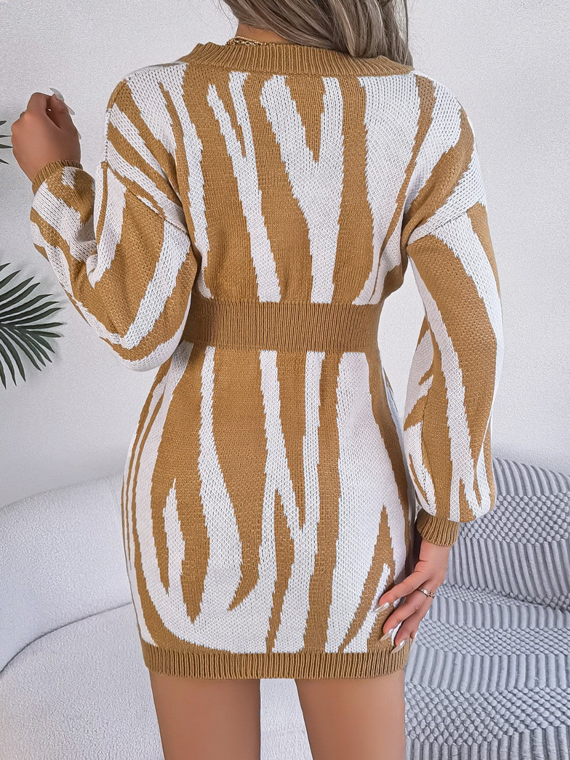 Animal Print V-Neck Long Sleeve Sweater Dress for a perfect OOTD – dress to impress outfits from Amexza